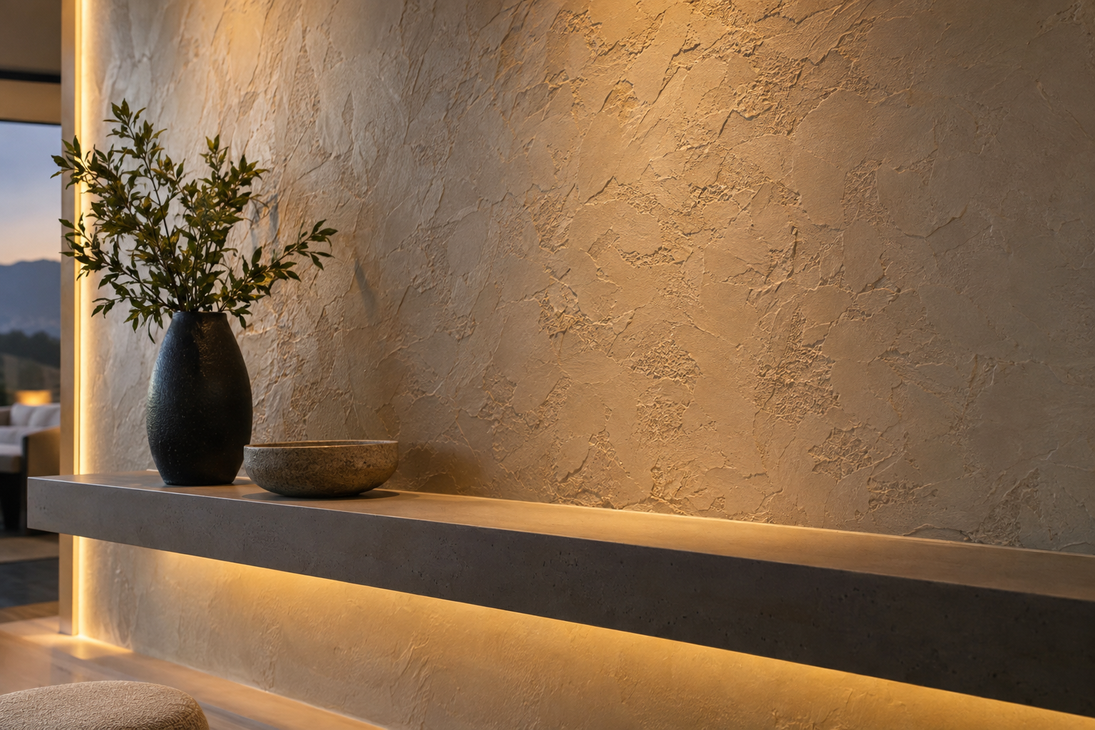 Closeup of textured decorative wall finish with natural light