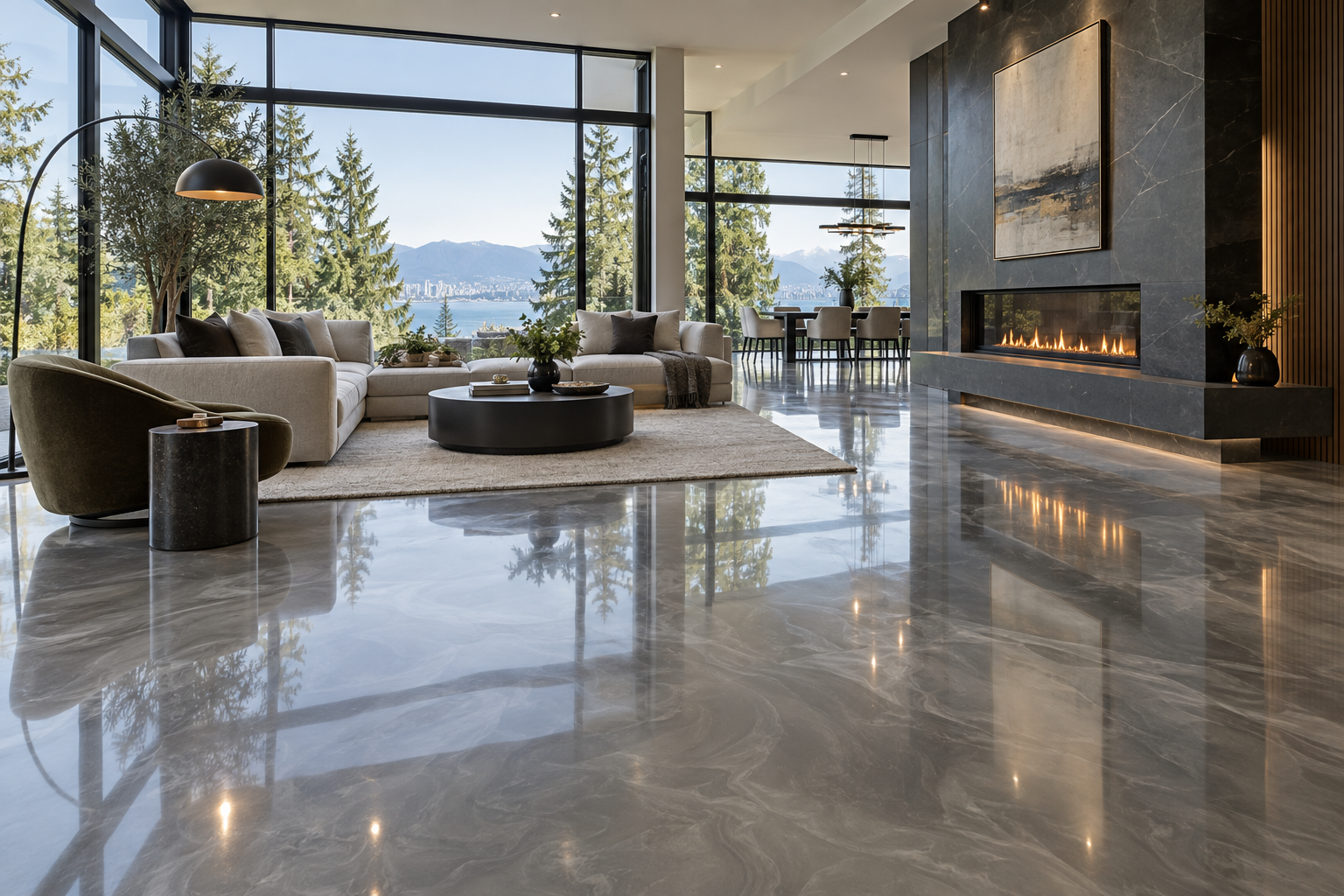 Modern living room with large windows and shiny metallic epoxy flooring