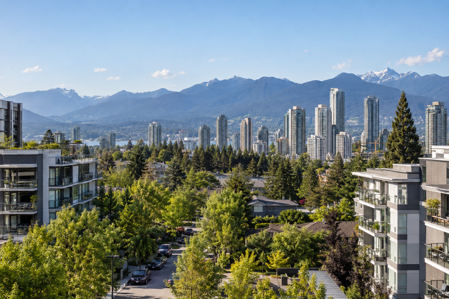 Burnaby residential and commercial buildings with trees