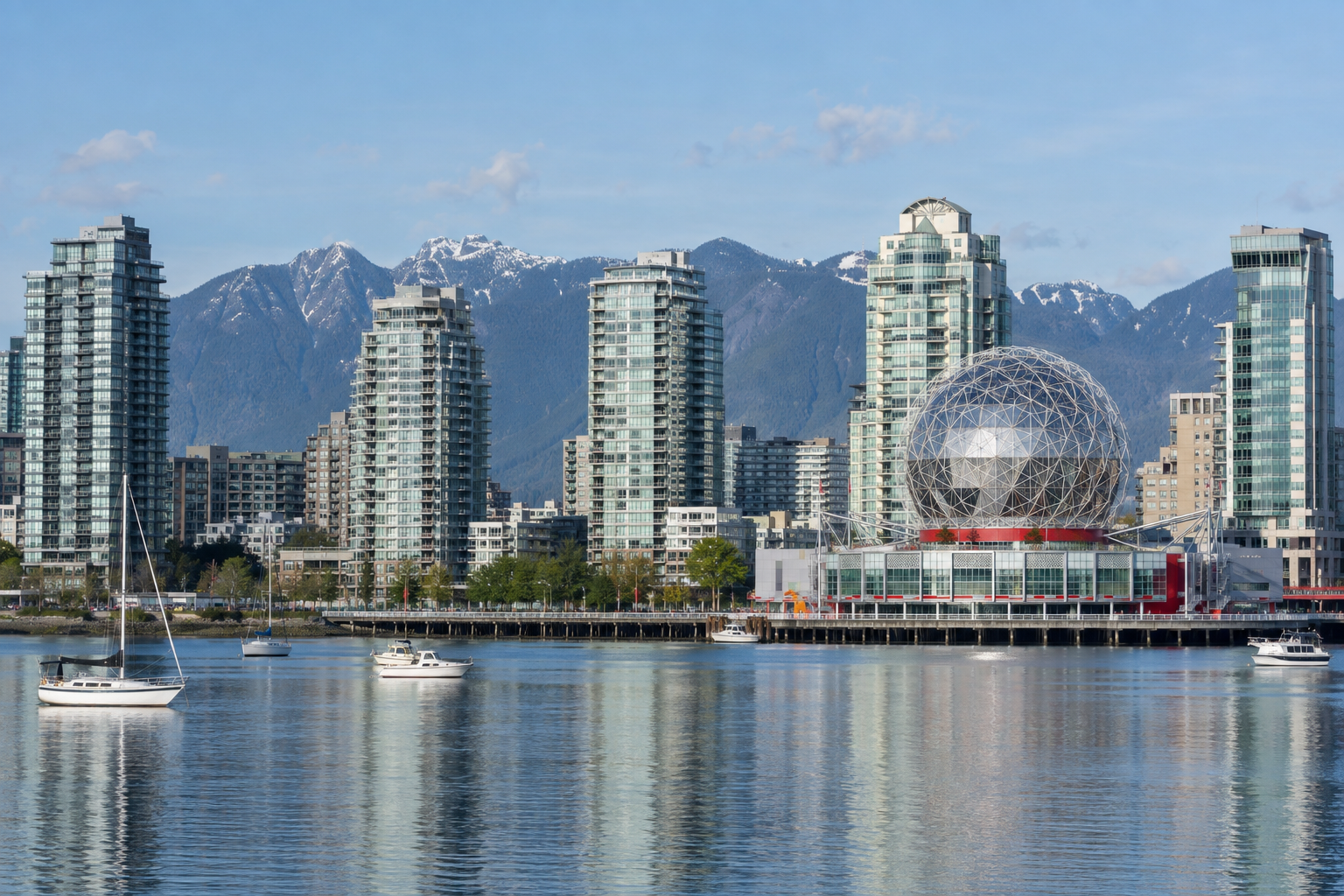 Vancouver city skyline with Science World globe structure