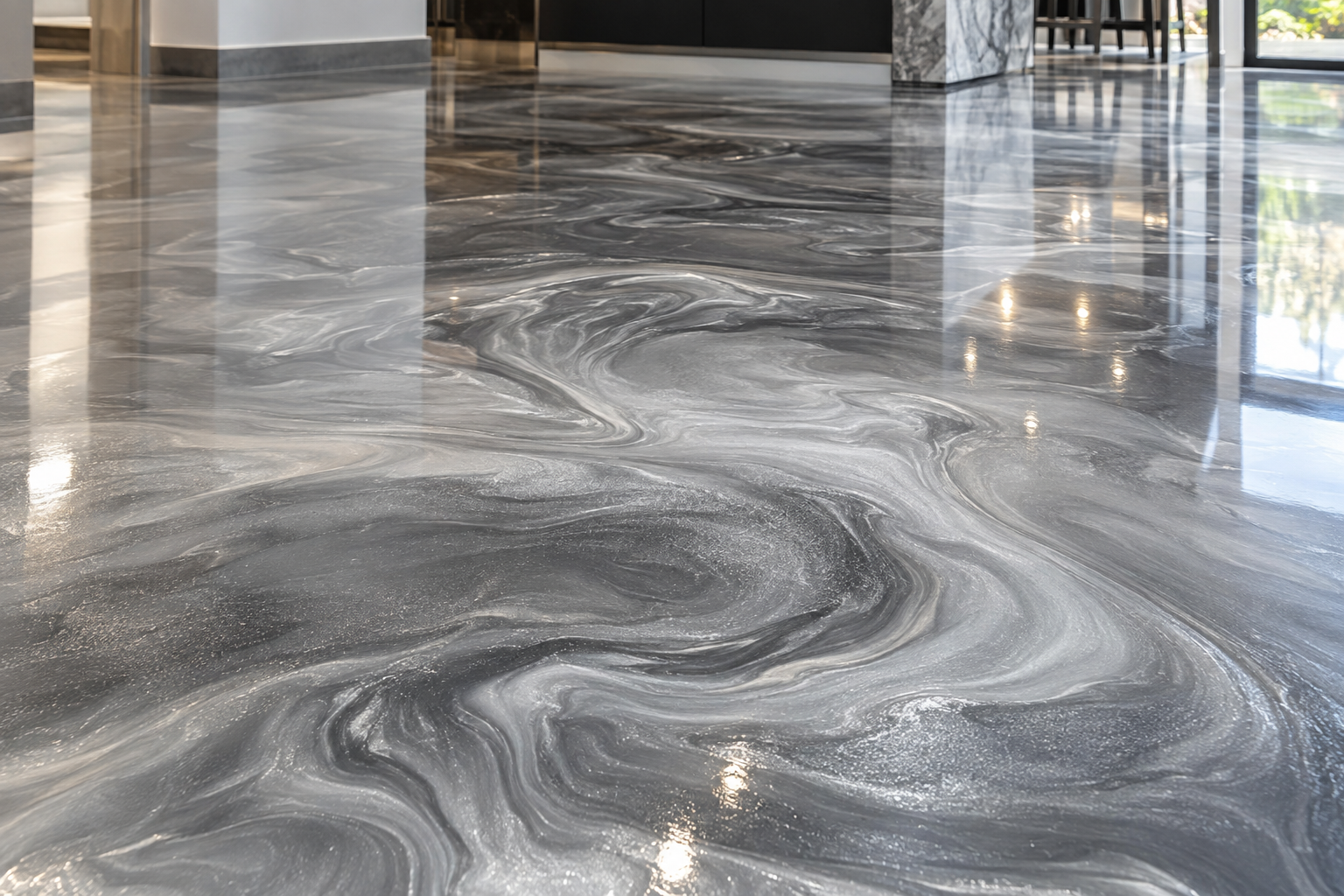Close-up of swirling metallic epoxy flooring with glossy finish