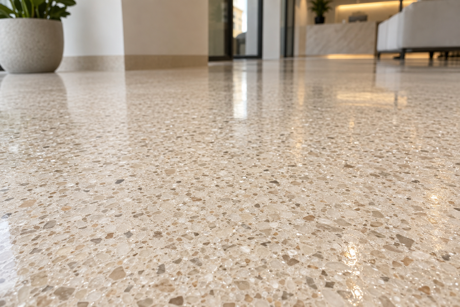 Close-up of textured quartz epoxy flooring with aggregate