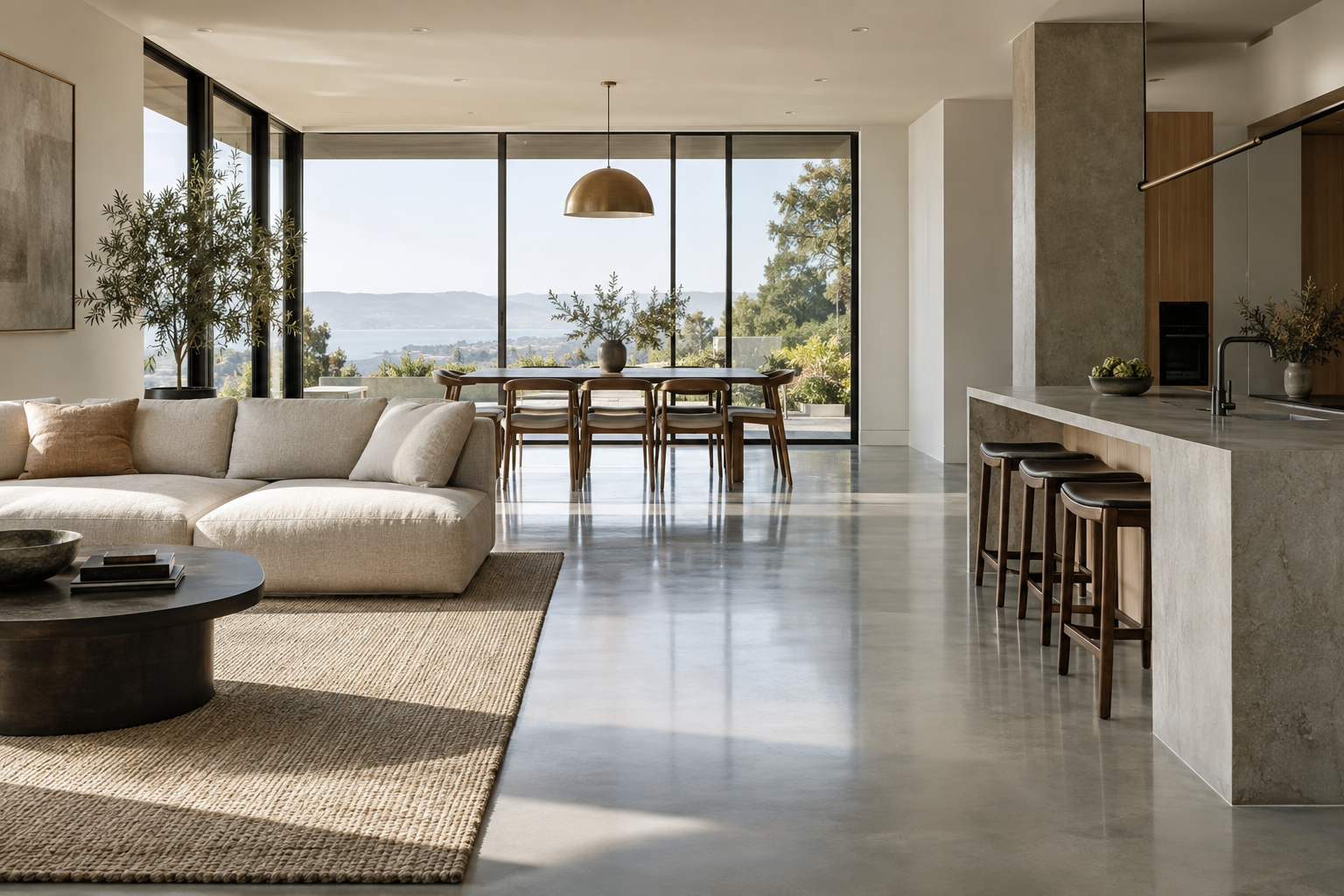 Modern interior with polished epoxy flooring and natural light