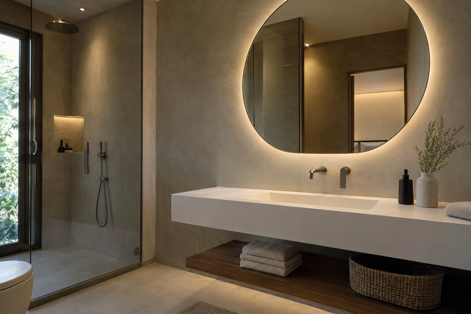 Modern bathroom sink area with microcement finish