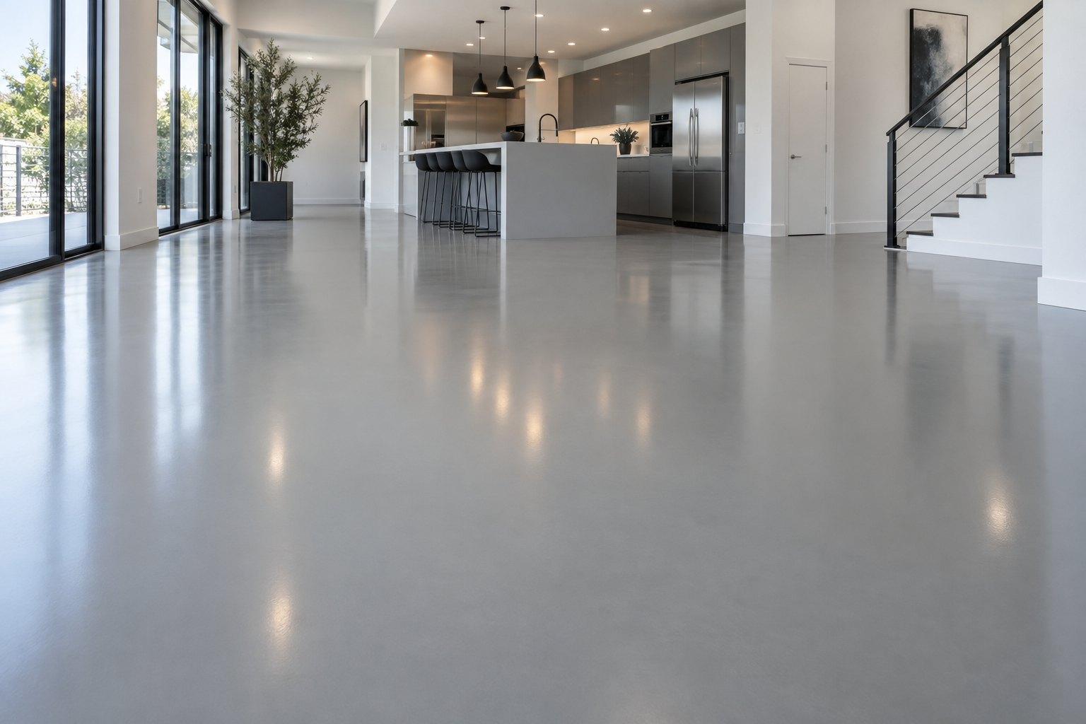 Smooth gray solid color epoxy flooring in empty room